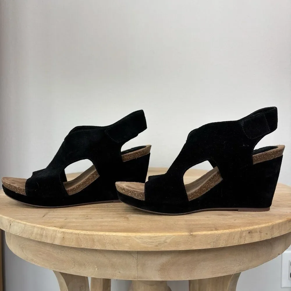 Sofft Leather Suede Wedge Sandals Black 9 Open Toe Capsule Comfort Casual Chloee